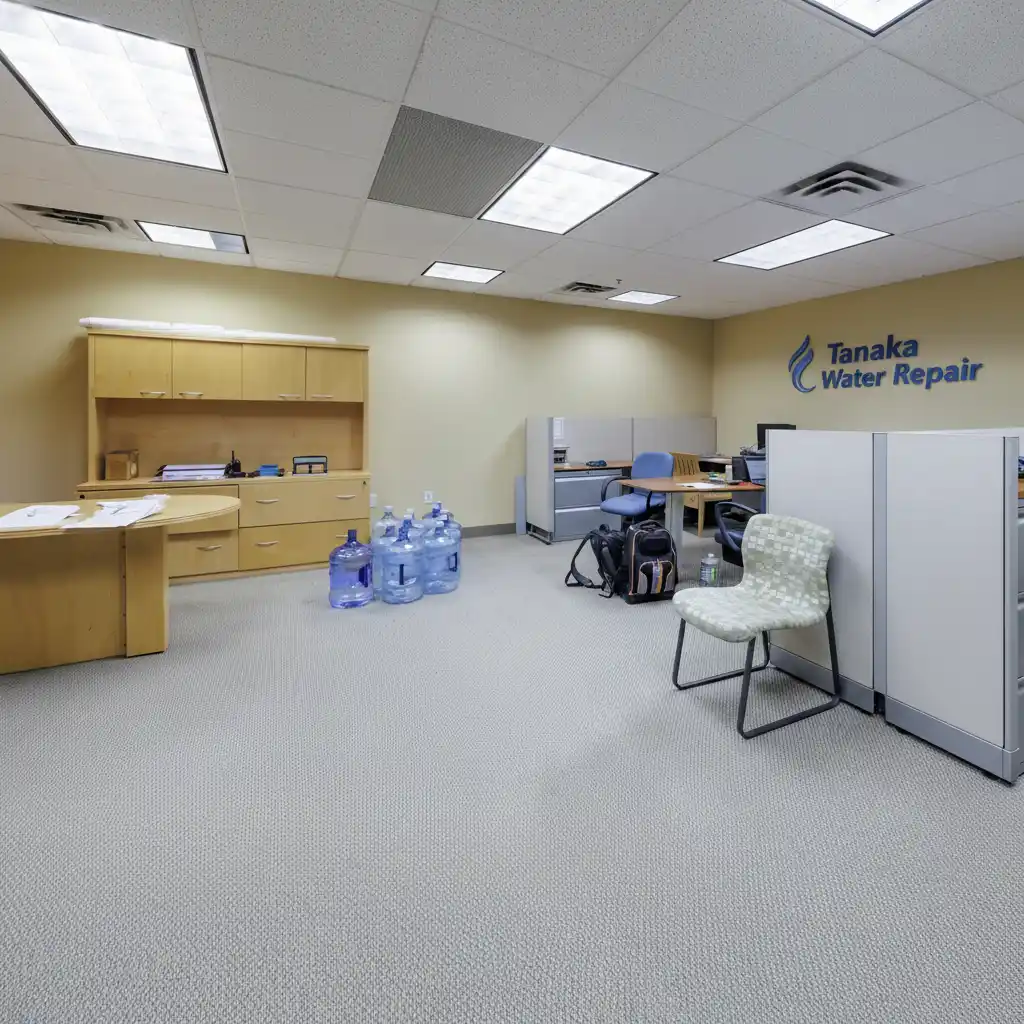 Tanaka Water Repair modern office interior with company logo displayed on wall