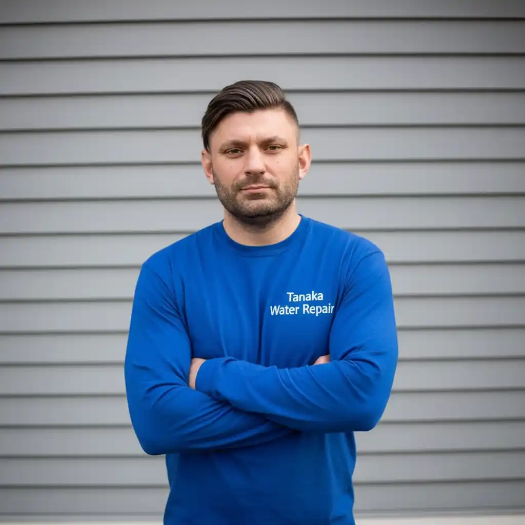 Justin White, owner of Tanaka Water Repair, standing in front of company logo